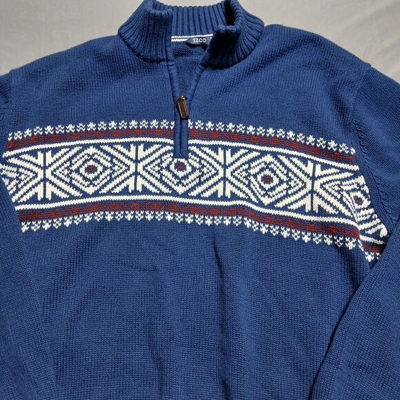 Izod Mens XXL Nordic Fair Isle Sweater Blue 1/4 Zip Ski Holiday Stretch Pullover - Picture 1 of 14